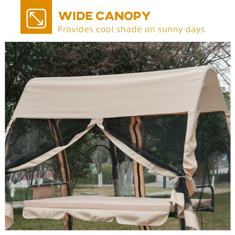Outsunny 3-Seat Outdoor Swing Chair, Porch Swing, Chaise Lounger Bed, Garden Hammock, Converting Flat Bed with Heavy-Duty Steel Stand, Canopy and Netting Walls, Beige