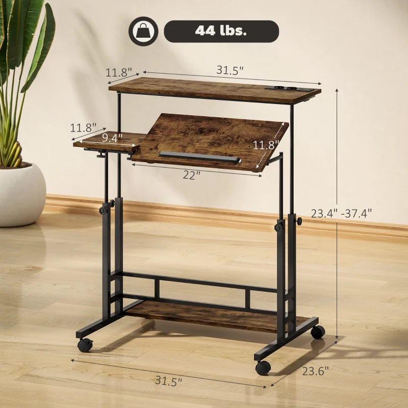 HOMCOM Adjustable Standing Desk with Power Outlets, Stand Up Desk with Tiltable Tabletop, Wheels, Shelf, for Home Office, Brown