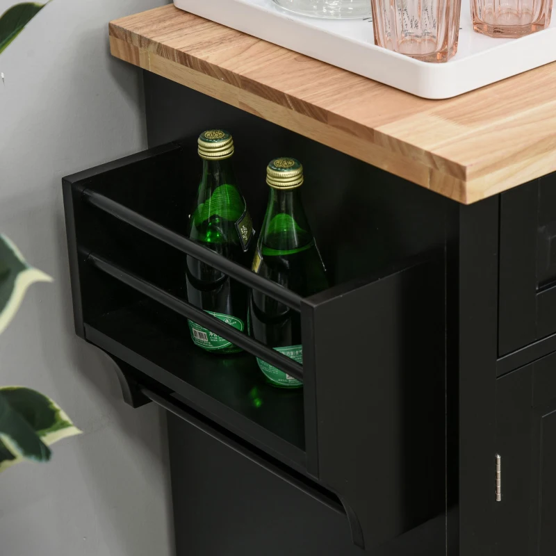 HOMCOM Rolling Kitchen Island with Rubber Wood Top and Storage, Spice Rack, Towel Rack, Black