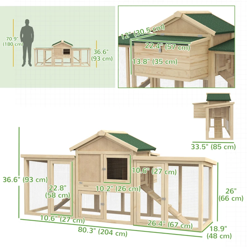 PawHut Wooden Chicken Coop, Outdoor Backyard Garden Large Rabbit Hutch with Nesting Box, Run, Ramp, Drawer