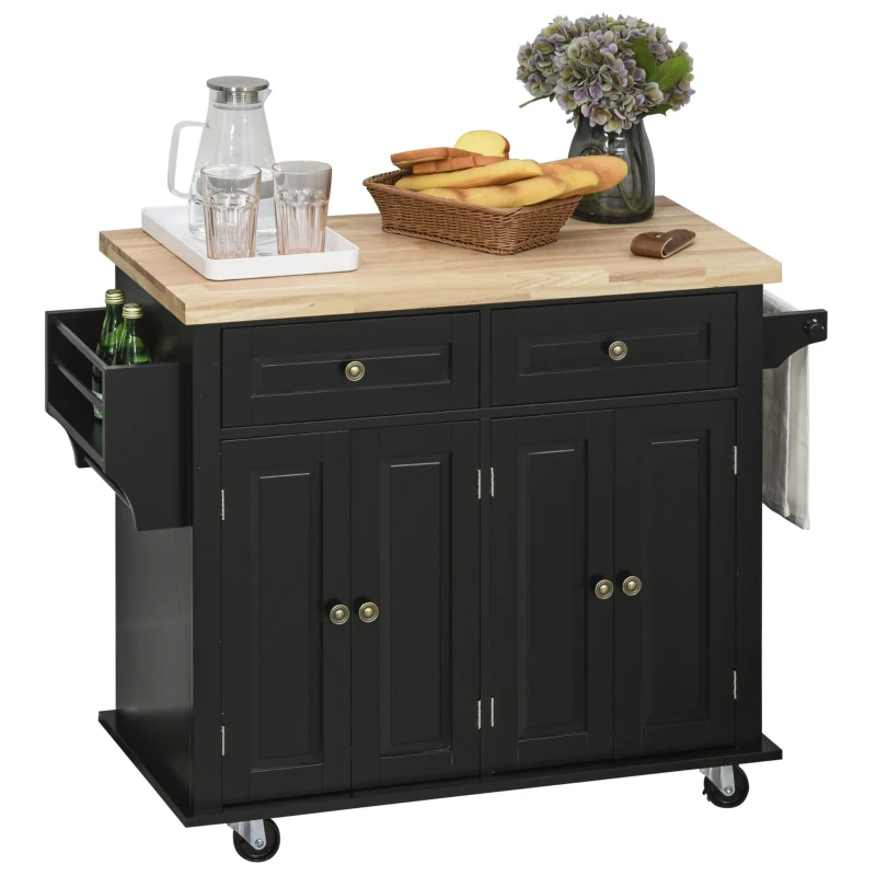 HOMCOM Rolling Kitchen Island with Rubber Wood Top and Storage, Spice Rack, Towel Rack, Black