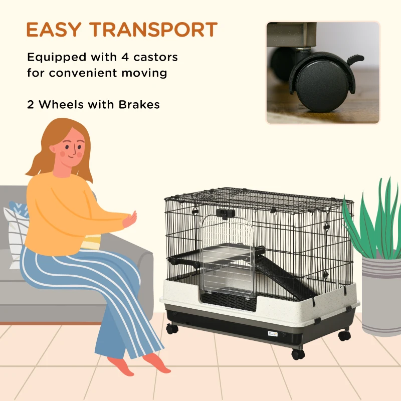 PawHut 2-tier Compact Platform Rolling Small Animal Rabbit Cage for Hamsters, Chinchillas & Gerbils with a Large Living Space