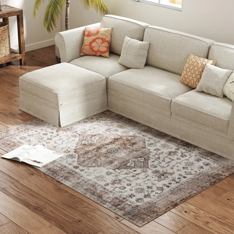HOMCOM 4x6 Area Rug, Vintage Machine Washable Rug, Non-Slip Floor Carpet for Living Room, Bedroom, Dining Room, Tan