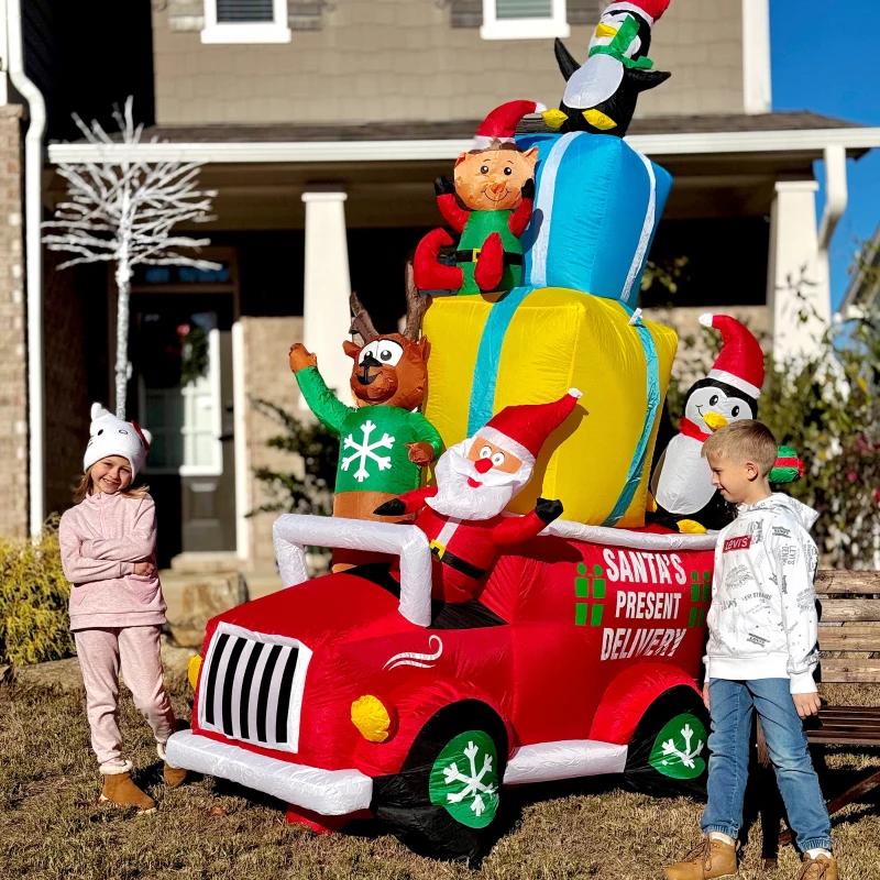 Outsunny 9ft Christmas Inflatables Outdoor Decorations Santa Claus Drives a Gift Car with Elk, Elf and Two Penguins, Blow-Up LED Yard Christmas Decor for Garden, Lawn