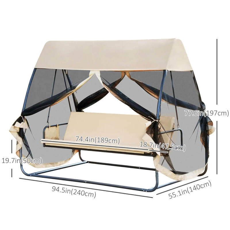 Outsunny 3-Seat Outdoor Swing Chair, Porch Swing, Chaise Lounger Bed, Garden Hammock, Converting Flat Bed with Heavy-Duty Steel Stand, Canopy and Netting Walls, Beige