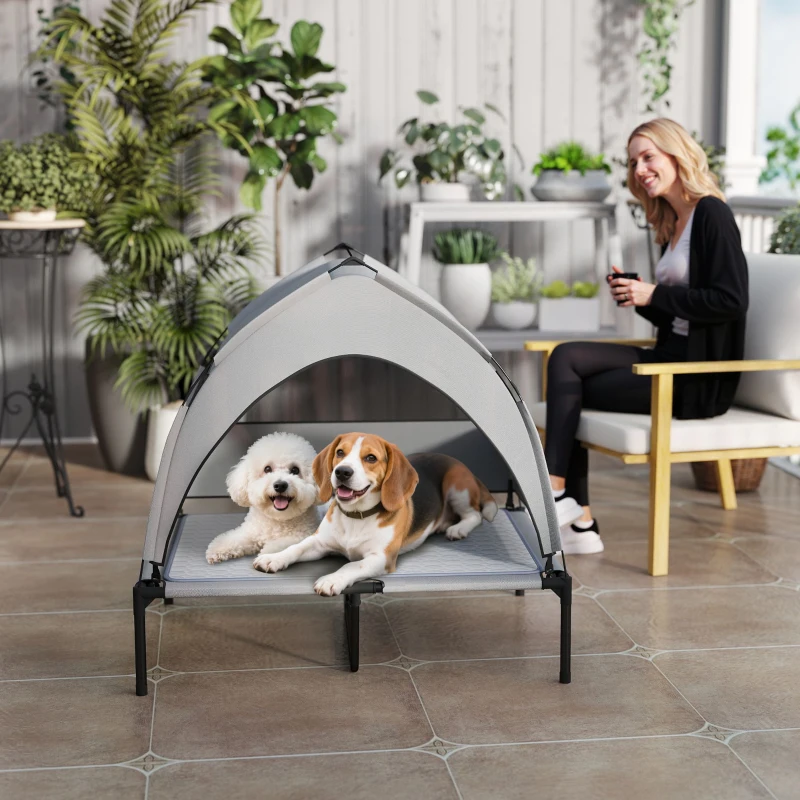 PawHut Elevated Dog Bed with Removable Canopy, Portable Outside Raised Pet Cot with Cooling Pad, Storage Bag, 36" x 29.5" x 35"