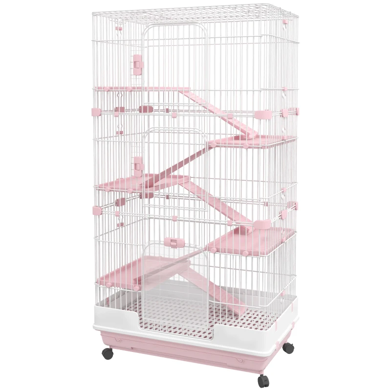 PawHut 32"L 6-Level Small Animal Cage Rabbit Hutch with Universal Lockable Wheels, Slide-out Tray for Bunny, Chinchillas, Ferret, Pink