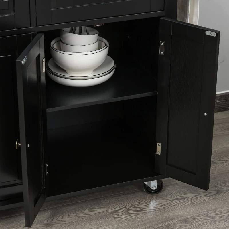 HOMCOM Rolling Kitchen Island with Rubber Wood Top and Storage, Spice Rack, Towel Rack, Black