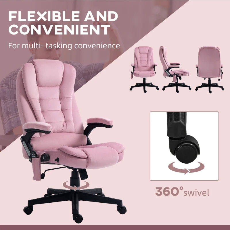 HOMCOM 6 Point Executive Office Chair with Heat, Velvet High Back Vibrating Massage Office Chair, Pink