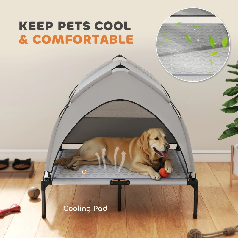 PawHut Elevated Dog Bed with Removable Canopy, Portable Outside Raised Pet Cot with Cooling Pad, Storage Bag, 36" x 29.5" x 35"