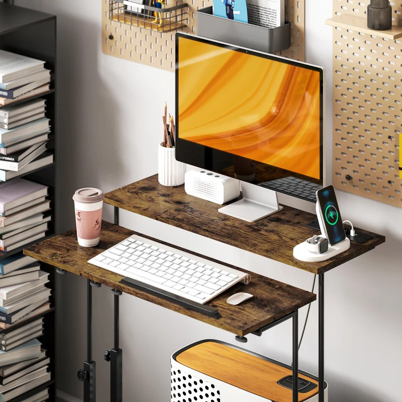 HOMCOM Adjustable Standing Desk with Power Outlets, Stand Up Desk with Tiltable Tabletop, Wheels, Shelf, for Home Office, Brown