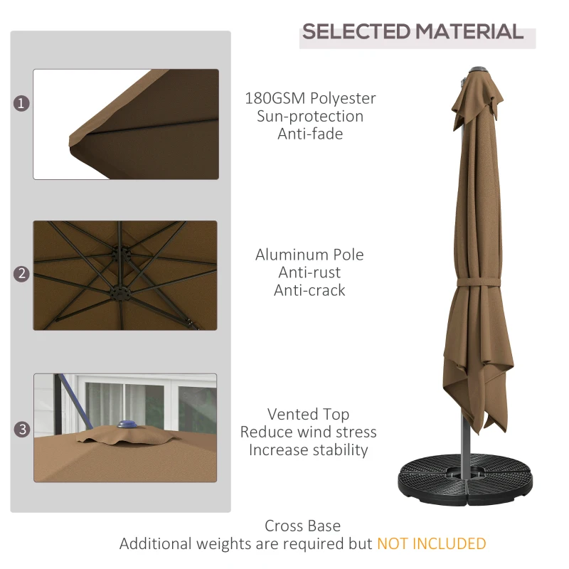 Outsunny 10' Cantilever Patio Umbrella, Square Offset Umbrella with Tilt, Crank, Cross Base, Aluminum Pole and Air Vent, Tan