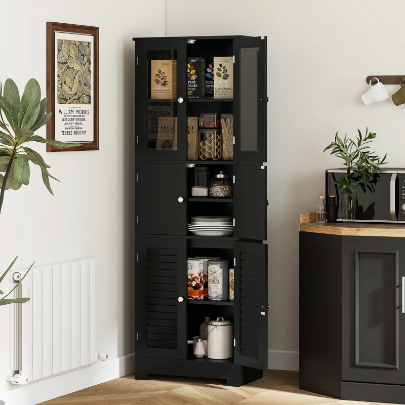 HOMCOM Freestanding Bathroom Cabinet with Glass/Louvred Doors, Tall Bathroom Cabinet for Kitchen, Study, Living Room, Black