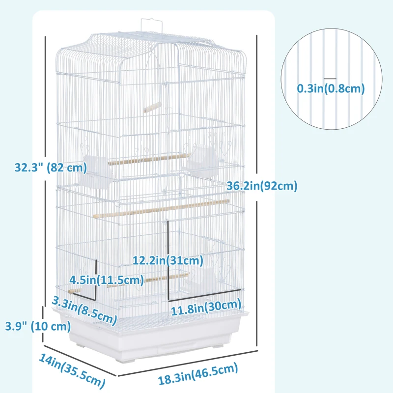 PawHut 36" Bird Cage, Macaw Play House, Cockatoo, Parrot, Finch Flight Cage, 2 Doors, Perch 4 Feeder Pet Supplies, White