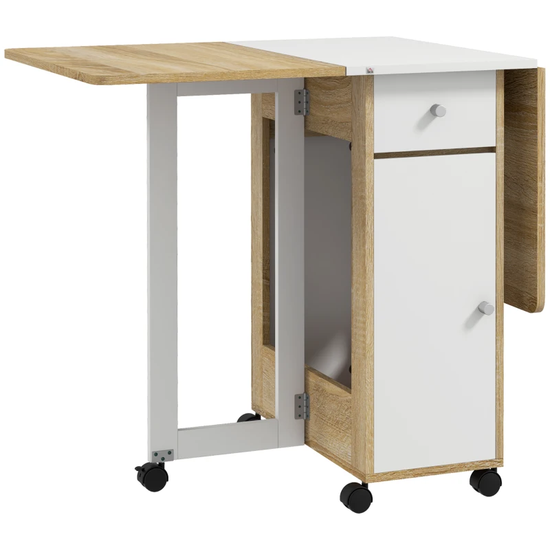 HOMCOM Foldable Dining Table, Movable Drop Leaf Table for Small Spaces with 2 Drawers, Cabinet and Caster Wheels, Folding Table for Kitchen, Dining Room, Oak