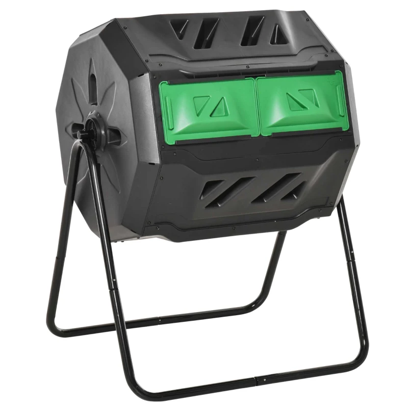 Outsunny Tumbling Compost Bin Outdoor Dual Chamber 360° Rotating Composter 43 Gallon with Sliding Doors, Green