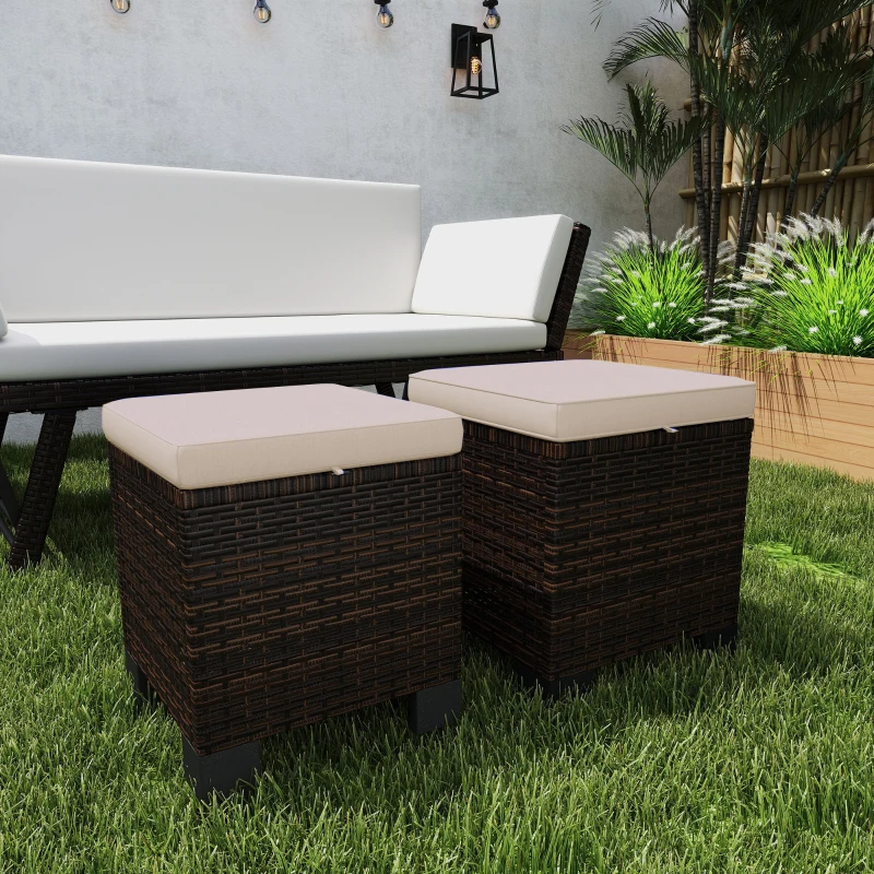 Outsunny 2 Piece Wicker Outdoor Ottomans with Cushions, Rattan Ottoman Footrest and Side Table for Patio, Yard, Poolside, Cream