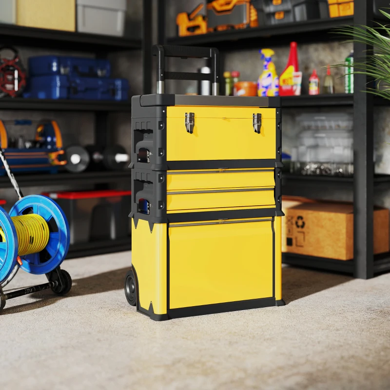 HOMCOM 3-in-1 Tool Box with Wheels, Stackable, Modular Steel Toolbox with Tray, Handles, Latches for Workshop, Garage, Yellow