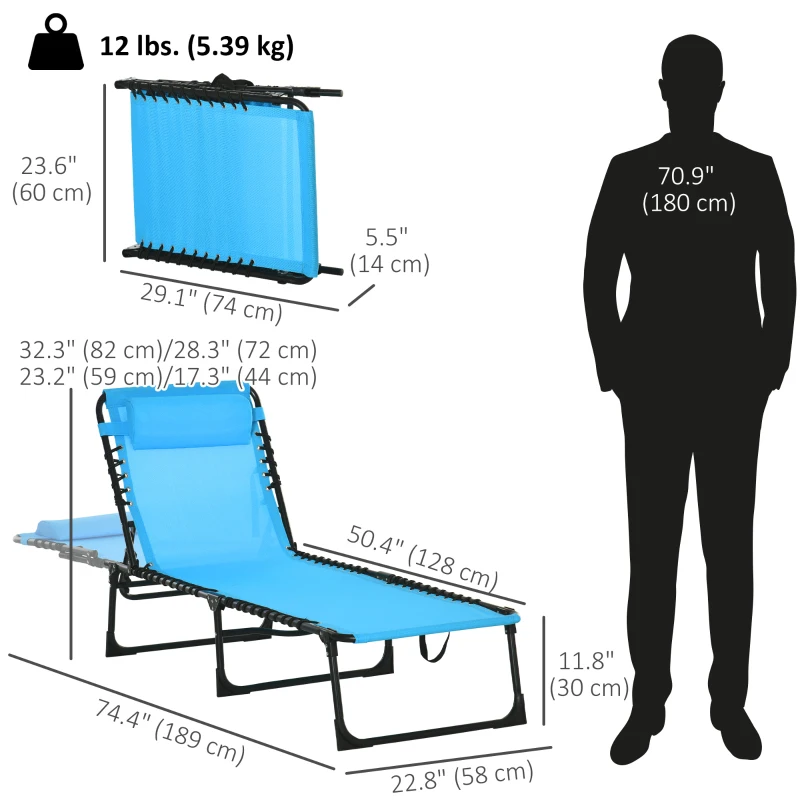 Outsunny Outdoor Folding Lounge Chair, 4-Level Adjustable Chaise Lounge with Headrest, Tanning Chair Beach Bed, Reclining Lounger Cot for Camping, Hiking, Backyard, Sky Blue