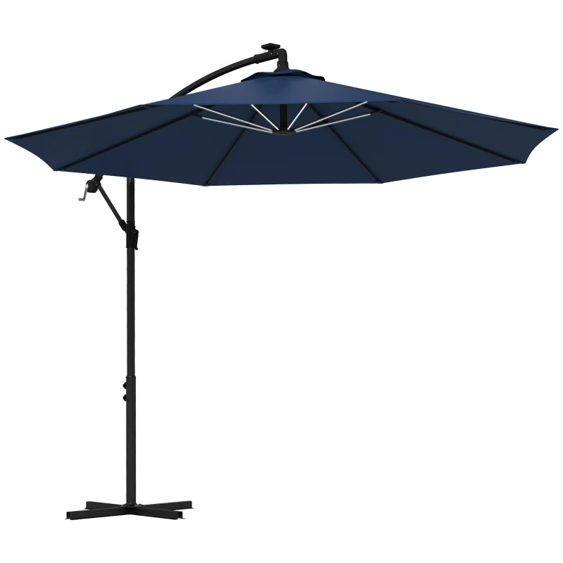 Outsunny 10ft Outdoor Cantilever Hanging Offset Umbrella with Solar LED Lights, Crank, Cross Base, Aluminum Frame, Blue