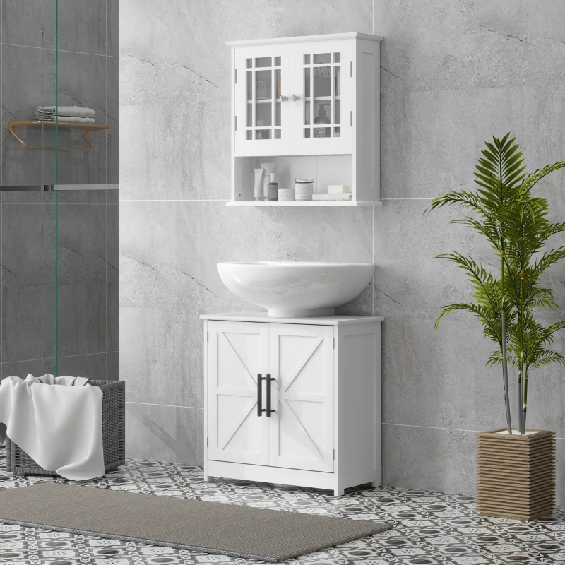 HOMCOM Farmhouse Pedestal Sink Storage Cabinet, Bathroom Under Sink Cabinet with 2 Barn Doors and Adjustable Shelf, White