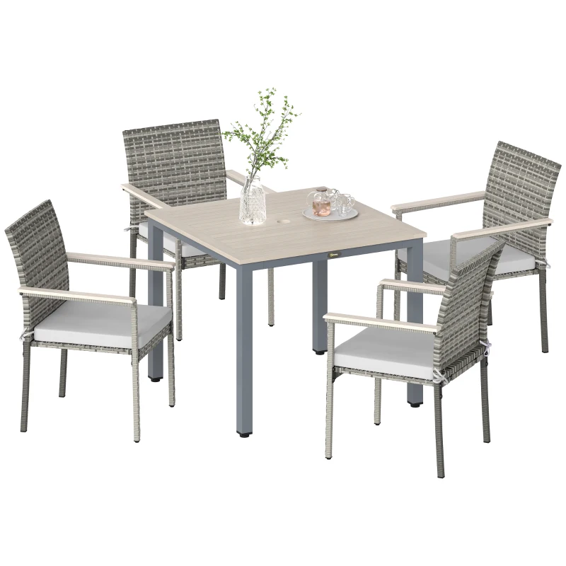 Outsunny 5 Pieces Wicker Outdoor Furniture Set, Rattan Patio Dining Set with Cushions, Umbrella Hole for Garden Backyard, Grey