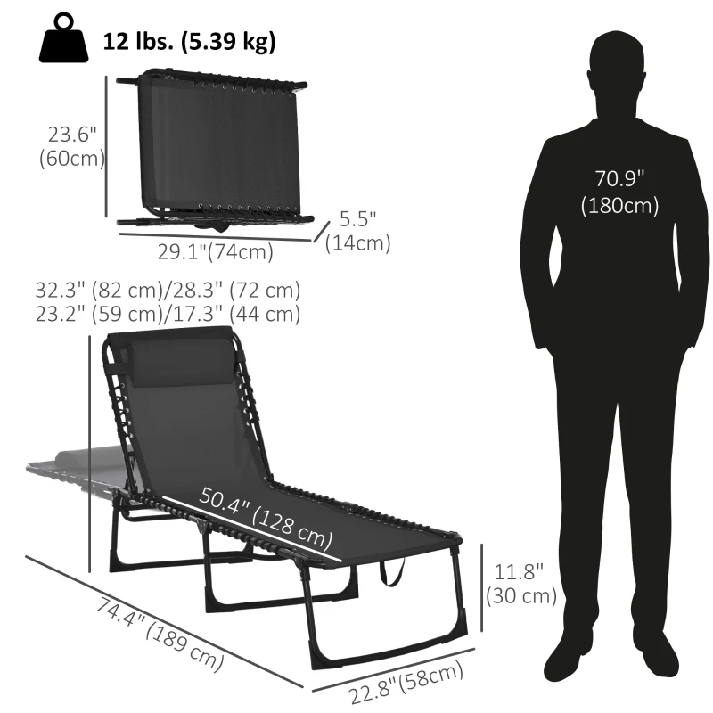 Outsunny Outdoor Folding Lounge Chair, 4-Level Adjustable Chaise Lounge with Headrest, Tanning Chair Beach Bed Reclining Lounger Cot for Camping, Hiking, Backyard, Black