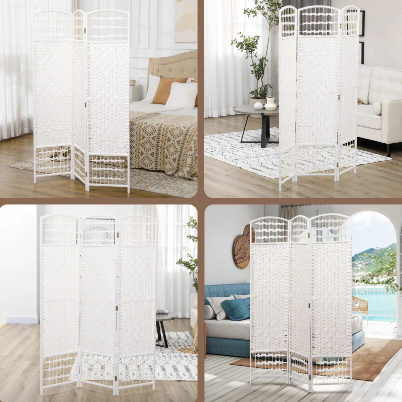 HOMCOM 3 Panel Folding Room Divider Portable Privacy Screen Wave Fiber Room Partition for Home Office White