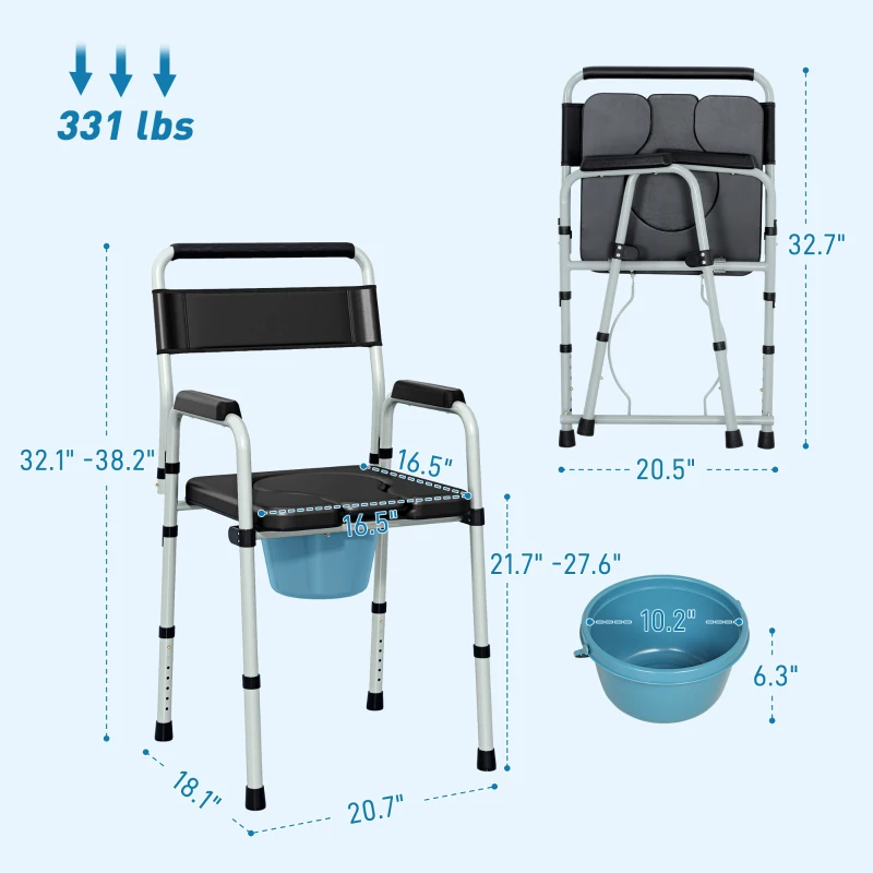 HOMCOM Bedside Commode Chair for Seniors, Adults, Handicap, Raised Toilet Seat with Arm, Adjustable Height, 331 lbs, Black