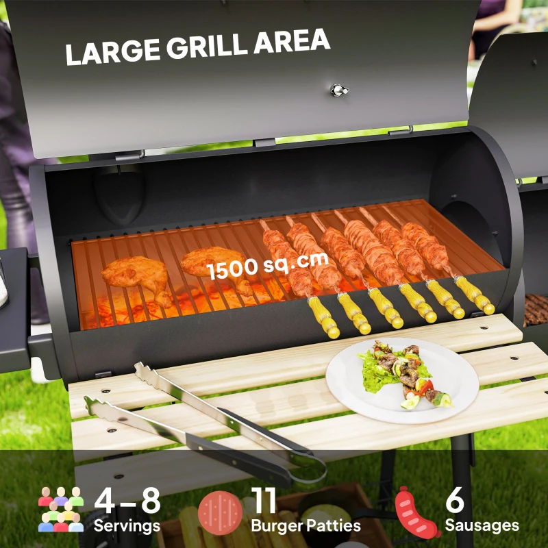 Outsunny Charcoal BBQ, Portable Grill with Wheels, All-in-One Grill, Side vent, Two Shelves and Metal Grating, Lit-Mounted Thermometer, Wooden Handle, for Outdoor Cooking, Black