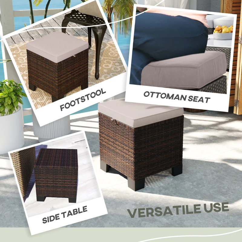 Outsunny 2 Piece Wicker Outdoor Ottomans with Cushions, Rattan Ottoman Footrest and Side Table for Patio, Yard, Poolside, Cream