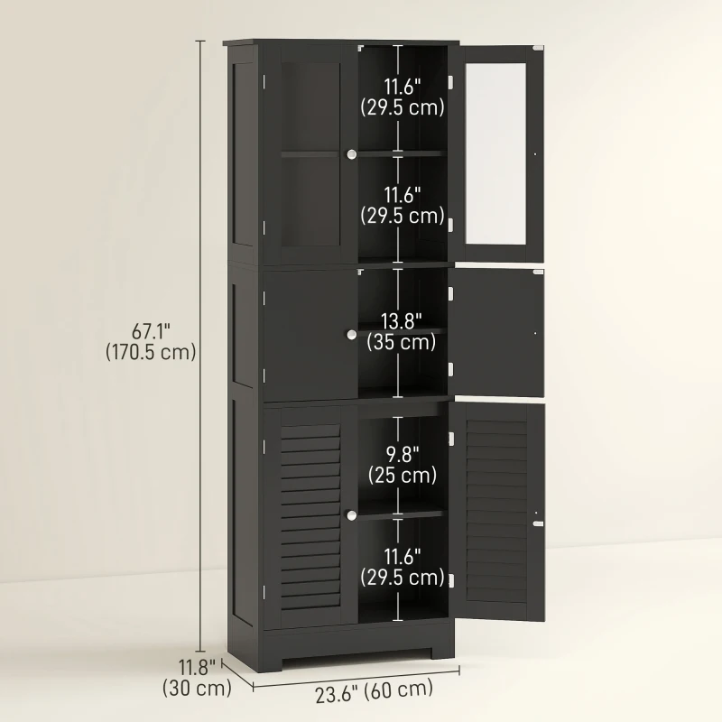 HOMCOM Freestanding Bathroom Cabinet with Glass/Louvred Doors, Tall Bathroom Cabinet for Kitchen, Study, Living Room, Black