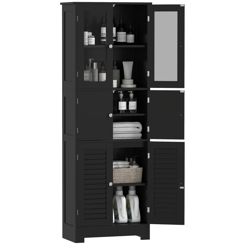 HOMCOM Freestanding Bathroom Cabinet with Glass/Louvred Doors, Tall Bathroom Cabinet for Kitchen, Study, Living Room, Black