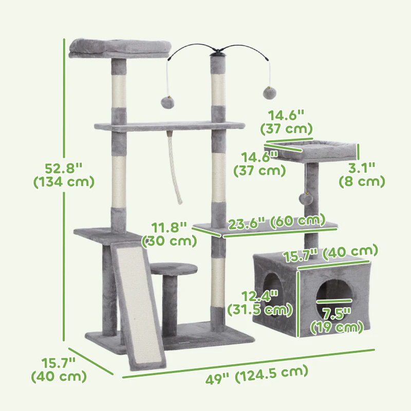 PawHut 53" Cat Tree, Cat Tower with Scratching Posts, Cat Condo, Beds, Platforms, Toy Balls for Indoor Cats, Light Grey