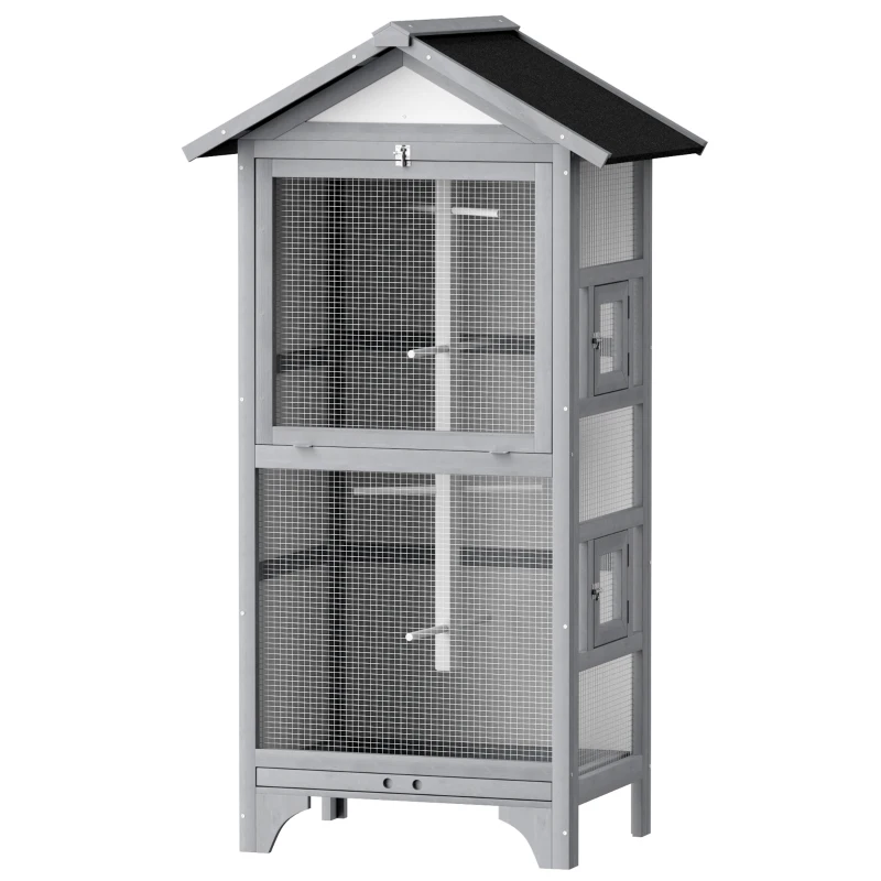 PawHut Wooden Bird Aviary Parrot Cage Pet Furniture with Removable Bottom Tray, 2 Doors, Asphalt Roof, 4 Perches, Light Grey