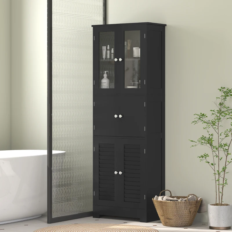 HOMCOM Freestanding Bathroom Cabinet with Glass/Louvred Doors, Tall Bathroom Cabinet for Kitchen, Study, Living Room, Black