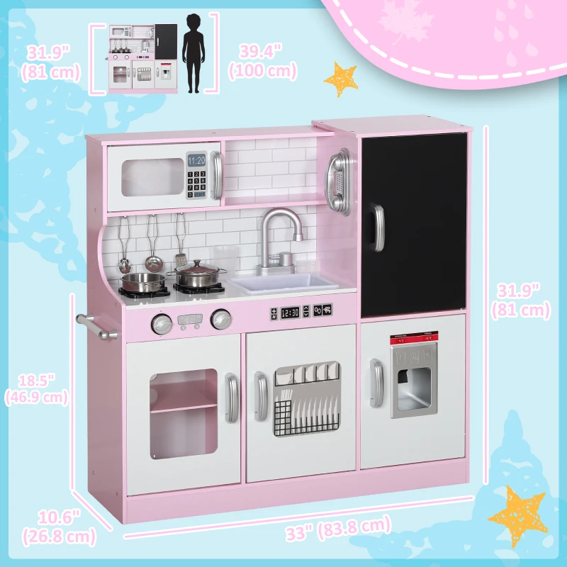 Qaba Play Kitchen for Kids, Kids Kitchen Playset w/ Chalkboard, Ice Maker, Play Phone, Sink, Microwave