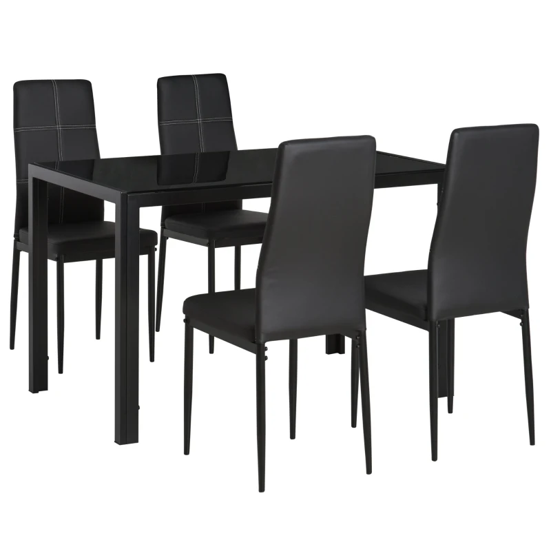 HOMCOM 5-Piece Rectangular Glass Kitchen Table and Chairs with Metal Frame and Faux Leather Upholstery for Dining Room, Black