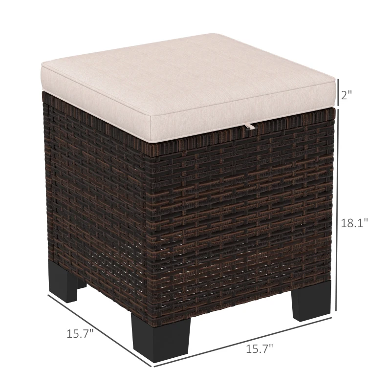 Outsunny 2 Piece Wicker Outdoor Ottomans with Cushions, Rattan Ottoman Footrest and Side Table for Patio, Yard, Poolside, Cream