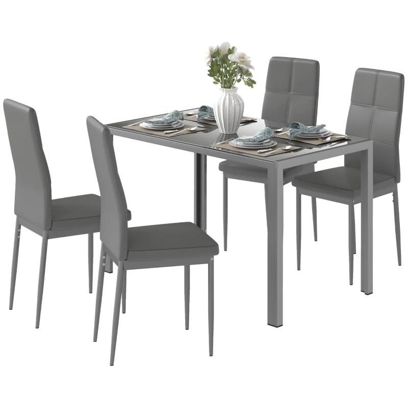 HOMCOM 5-Piece Rectangular Glass Kitchen Table and Chairs with Metal Frame and Faux Leather Upholstery for Dining Room, Grey