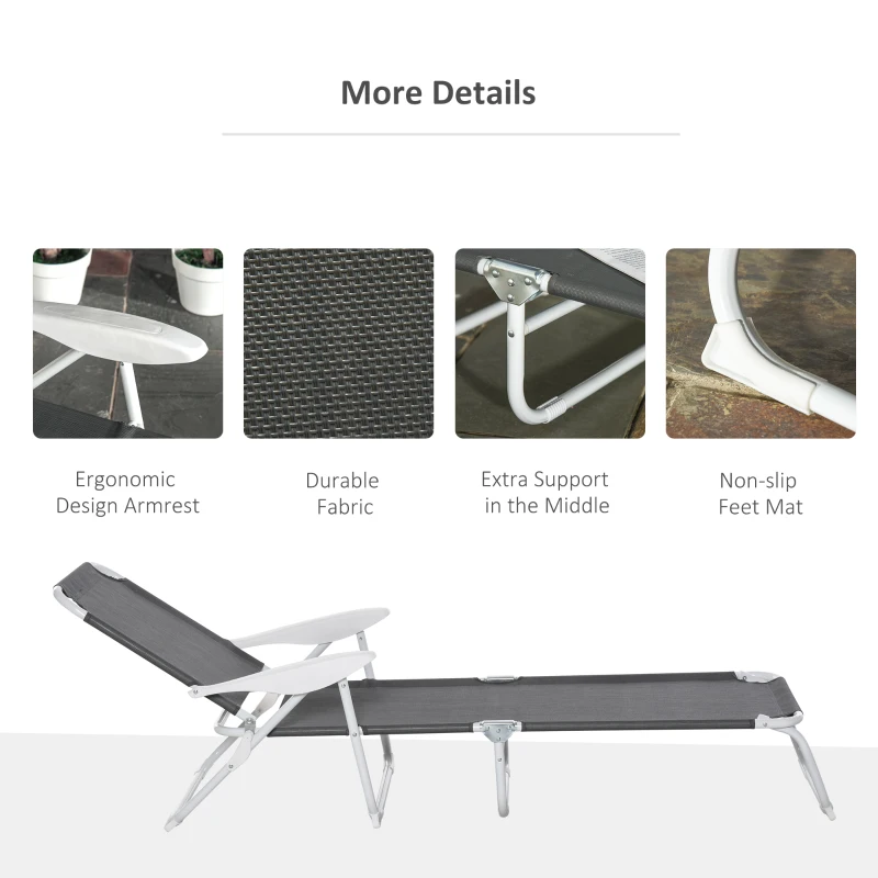 Outsunny Folding Lounge Chair, Portable Outdoor Chaise Lounge, Sun Tanning Chair with 4-Position Reclining Back, Armrests, Metal Frame and Mesh Fabric for Beach, Yard, Patio, Dark Gray