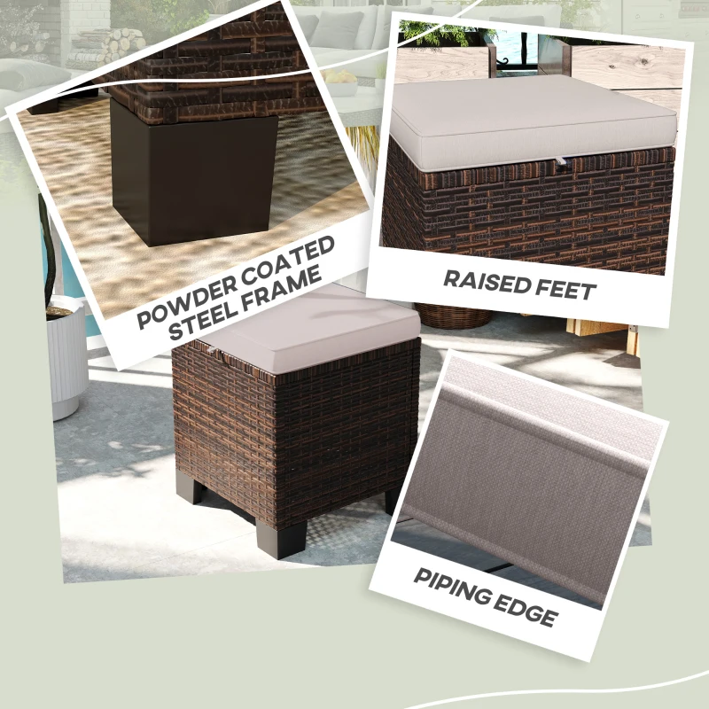 Outsunny 2 Piece Wicker Outdoor Ottomans with Cushions, Rattan Ottoman Footrest and Side Table for Patio, Yard, Poolside, Cream