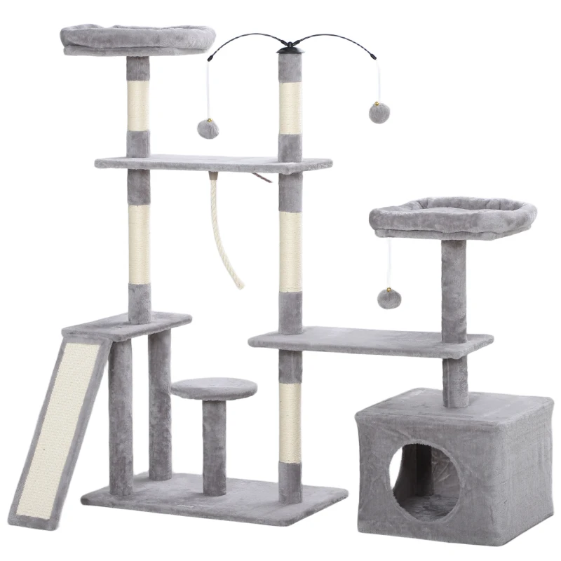PawHut 53" Cat Tree, Cat Tower with Scratching Posts, Cat Condo, Beds, Platforms, Toy Balls for Indoor Cats, Light Grey