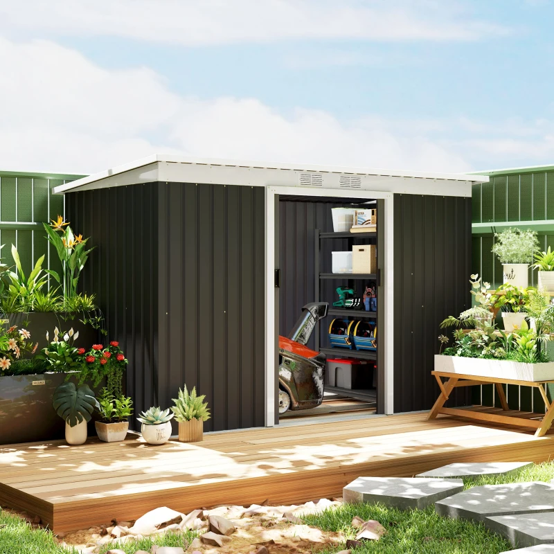 Outsunny 9x4 Outdoor Storage Shed Galvanized Steel Garden Shed with Foundation Kit, Ventilation & Doors, Dark Grey