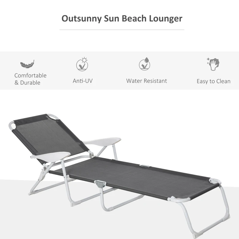 Outsunny Folding Lounge Chair, Portable Outdoor Chaise Lounge, Sun Tanning Chair with 4-Position Reclining Back, Armrests, Metal Frame and Mesh Fabric for Beach, Yard, Patio, Dark Gray