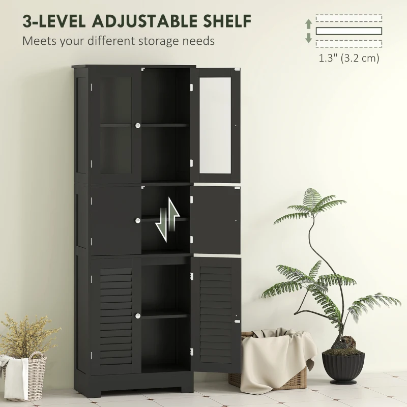 HOMCOM Freestanding Bathroom Cabinet with Glass/Louvred Doors, Tall Bathroom Cabinet for Kitchen, Study, Living Room, Black