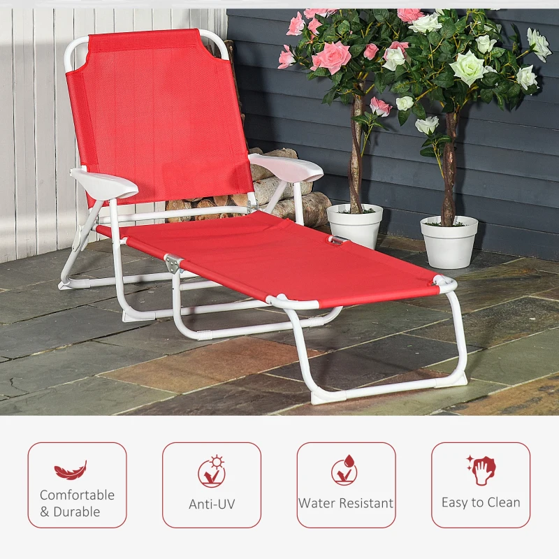 Outsunny Outdoor Sun Lounger, Folding Chaise Lounge with 4-level Adjustable Backrest, Red