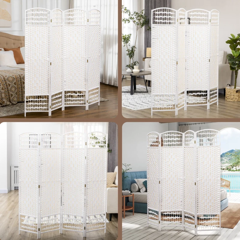 HOMCOM 4 Panel Folding Room Divider Portable Privacy Screen Wave Fiber Room Partition for Home Office White