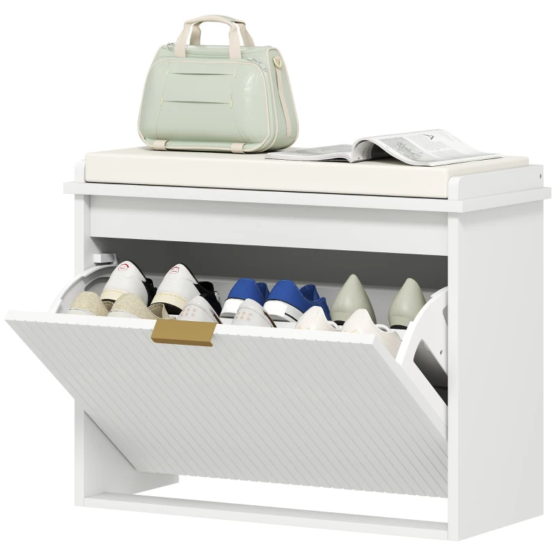 HOMCOM Entryway Bench with Padded Seat and Flip-Drawers, Holds up to 265lbs, Shoe Storage Bench for 6 Pairs of Shoes, White