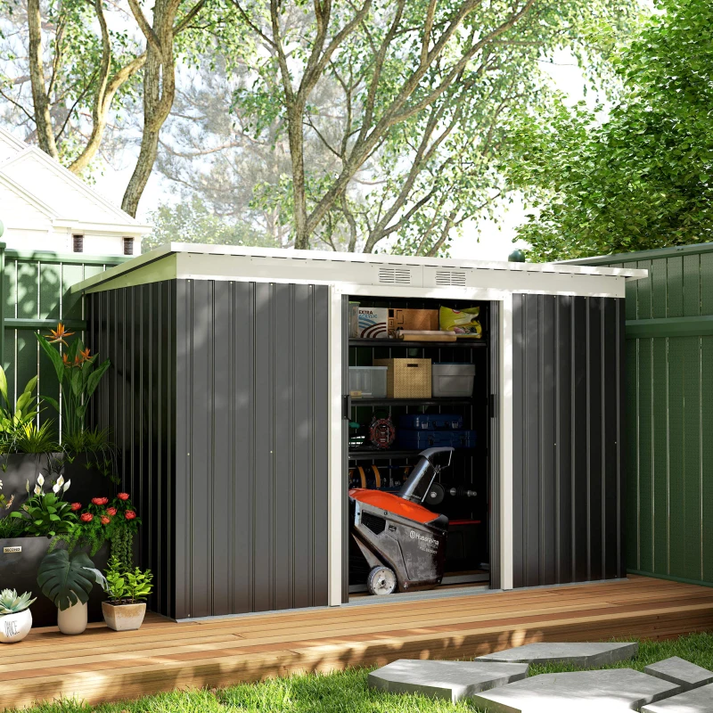 Outsunny 9' x 4' Metal Outdoor Storage Shed, Tool House with Double Lockable Doors for Backyard, Patio, Lawn, Garage, Dark Gray